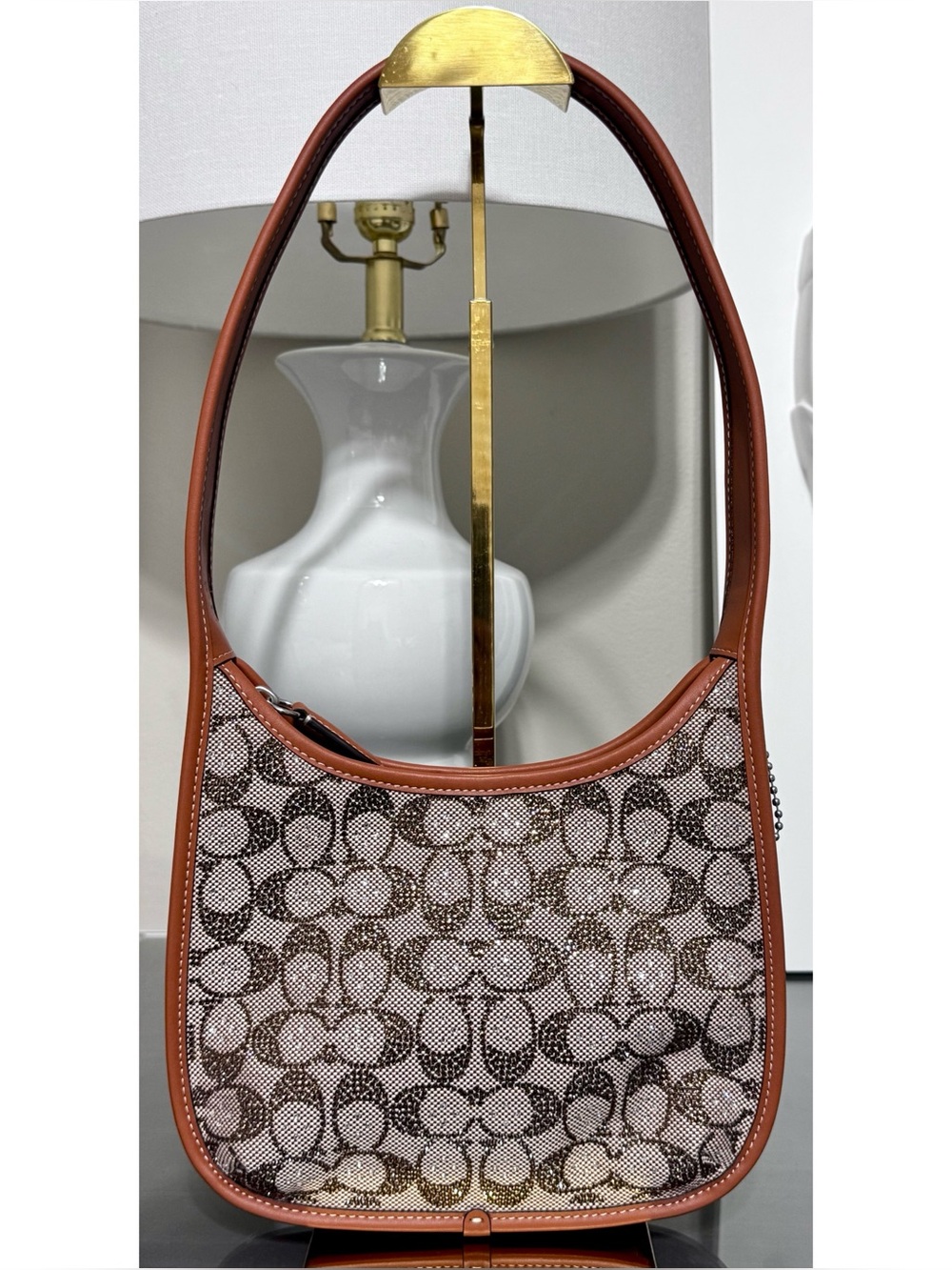 COACH Curve Zip CRYSTAL Signature Jacquard Shoulder Bag, BURNISHED AMBER